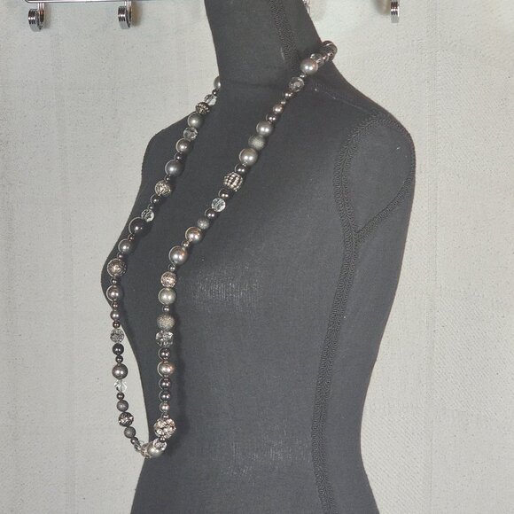 Chico's Gunmetal Filigree Crystal Ball Pewter Silver Faux Pearl 41" Necklace - Picture 6 of 16